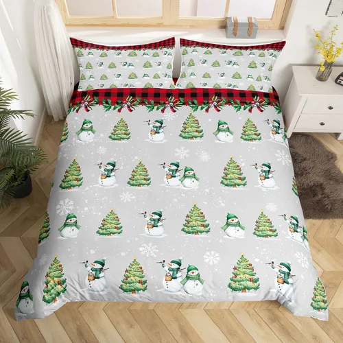 Miniatura 21 de Juego de ropa de cama de 3 piezas con diseño de muñeco de nieve, funda de edredón con temática de invierno, funda de edredón con temática de Feliz
