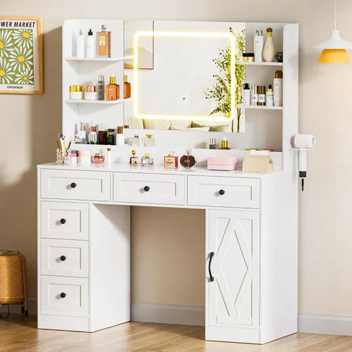 Miniatura 2 de COMHOMA Tocador de Maquillaje con Espejo y Luces, Mesa de Tocador Grande con 6 Cajones y 1 Armario de Almacenamiento, Mesa de Tocador Blanca