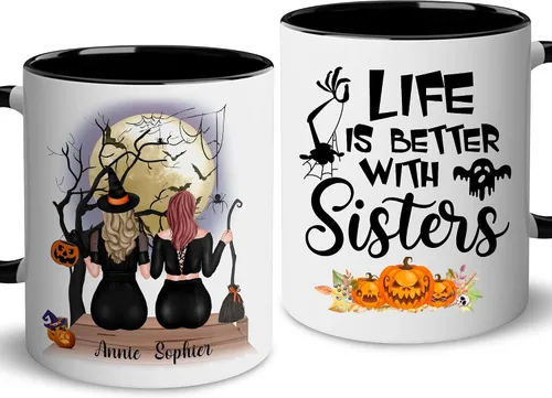Miniatura 11 de WHIDOBE Taza de café personalizada de Halloween (2 brujas), taza de café personalizada de 11 o 15 onzas para mujeres, hermana, mejor amiga, taza