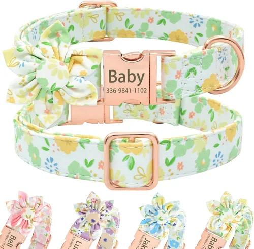 Miniatura 7 de Collar de perro con bonito lazo personalizado con nombre, collar floral personalizado con hebilla dorada grabada para perras pequeñas, medianas