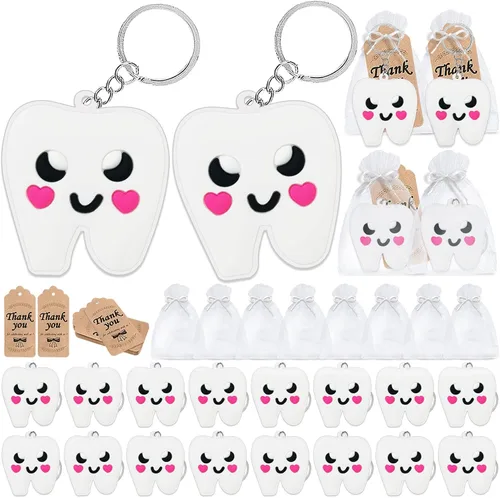 CiciBear Paquete de 60 decoraciones de fiesta para invitados, 20 llaveros de dientes, 20 etiquetas y 20 bolsas de regalo para el primer diente,