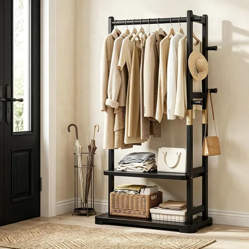 Miniatura 10 de Perchero de madera maciza con 2 estantes y 4 ganchos para colgar ropa, carteras, sombreros, estante de ropa resistente, perchero para abrigos