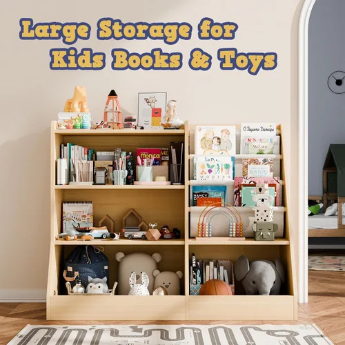 Miniatura 6 de IKALIFE Estantería de madera grande para niños de 39" y organizador de almacenamiento de juguetes, librero para bebés con estante colgante para Beige