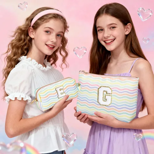 Miniatura 2 de Bolsa de viaje de maquillaje con monograma de 2 piezas para regalos de niñas adolescentes, bolsa de cosméticos para niñas, bolsa de aseo de viaje