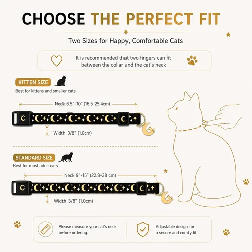 Miniatura 5 de waaag - Collar de seguridad para gato, con diseño de lunas y estrellas doradas, brilla en la oscuridad
