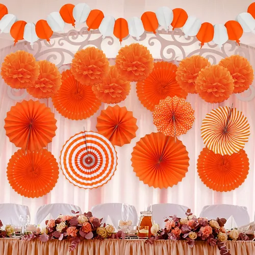 Miniatura 7 de Decoraciones de fiesta de color naranja, guirnaldas para fanáticos de Papar, pompones para Halloween, cumpleaños, novia, baby shower, boda