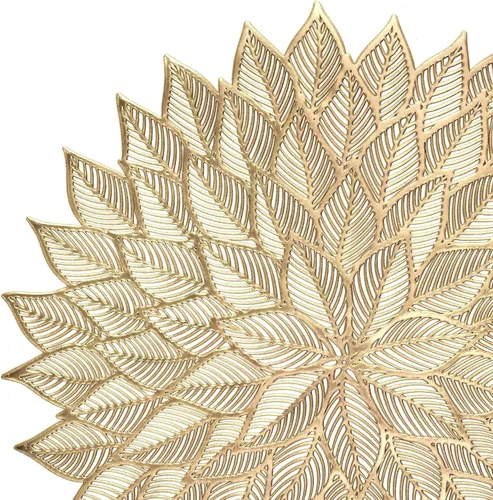 Miniatura 7 de Paquete de 10 manteles individuales metálicos de vinilo prensado/mantel individual decorativo de boda (Dhalia-dorado mate)