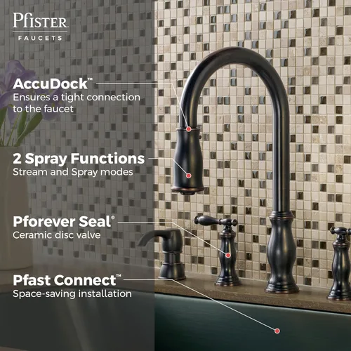 Miniatura 3 de Pfister Hanover - Grifo de cocina con rociador desplegable y dispensador de jabón, 2 mangos, 4 agujeros, arco alto, acabado en bronce toscano