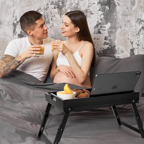 Miniatura 3 de Greenual Paquete de 2 bandejas para cama con asas y patas plegables, bandeja de desayuno de bambú con ranura para medios, uso como plato, escritorio