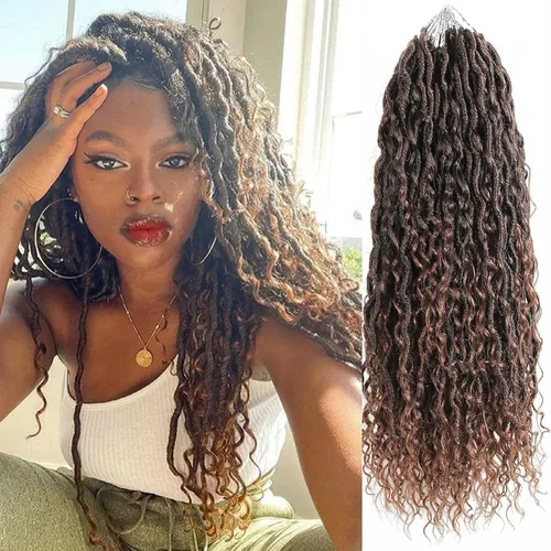 Miniatura 18 de Copper Goddess Faux Locs Cabello de Ganchillo con Puntas Rizadas, 7 Paquetes de 14 Pulgadas Boho Goddess Locs Cabello de Ganchillo, Cabello