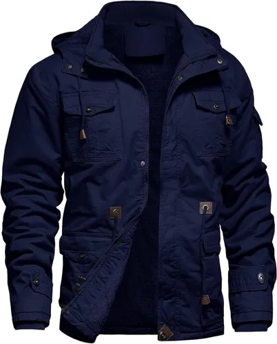 Miniatura 9 de Chaqueta de invierno para hombre, chaqueta militar, chaqueta tipo cargo con forro polar, chaqueta cálida con capucha desmontable, chaqueta