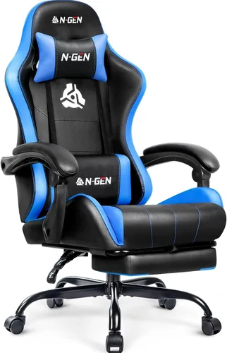 Miniatura 19 de N-GEN GAMING Silla de videojuegos con reposapiés, soporte lumbar para el hogar, oficina, respaldo alto, reclinable, altura ajustable, ergonómica