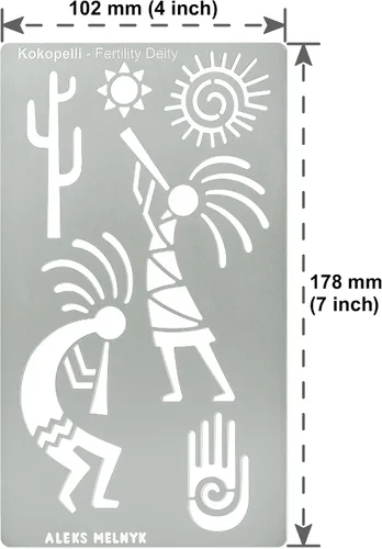 Miniatura 4 de Aleks Melnyk No.434 Plantilla de metal, deidad de fertilidad Kokopelli, diseños de petroglifos, plantilla pequeña, 1 unidad, plantilla para leña