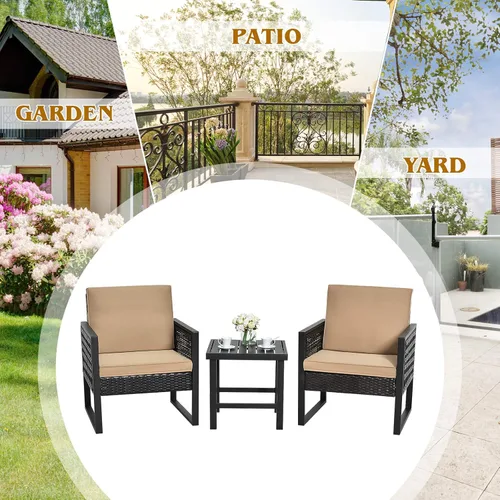 Miniatura 9 de Tangkula Juego de 3 piezas de mimbre para patio, sofá de ratán al aire libre, muebles de conversación con mesa de café, cojines de asiento y Mesa