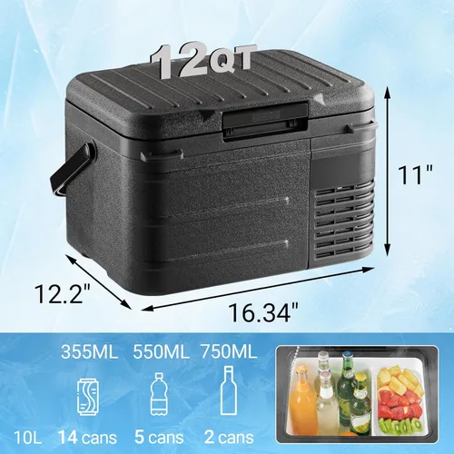 Miniatura 4 de Erivess Refrigerador portátil de 12 voltios, congelador compresor de 12QT (11L), 12/24V CC y 110-240V CA, modo dual -4℉~68℉, refrigerador