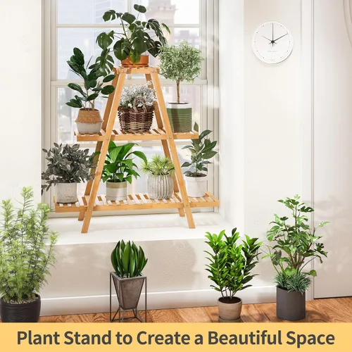 Miniatura 3 de Soporte de bambú para plantas interior/exterior, 3 niveles, negro, rectangular, 8 macetas para flores, estante para plantas