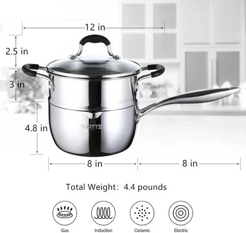 Miniatura 6 de SLOTTET - Cacerola de acero inoxidable tricapa enteramente recubierta con boquilla de vertido, olla pequeña multiusos de 1.5 cuartos con colador