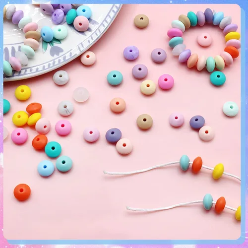 Miniatura 4 de 100 cuentas de lentejas de silicona de 0.47 pulgadas (0.472 in) de goma de ábaco espaciador suelto con cordón de 16.4 ft para pulseras, collares