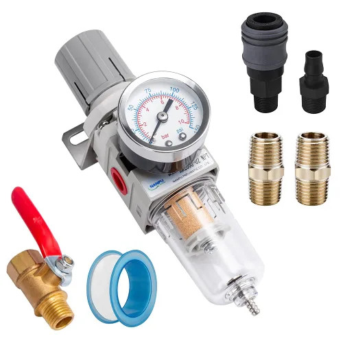 Miniatura 8 de NANPU Regulador de Filtro de Aire Comprimido Combo Piggyback NPT de 1/2", Elemento de Latón de 5 Micrones, Tazón de Polímero, Drenaje