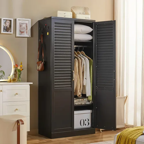 Miniatura 7 de Armario de metal independiente de 71 pulgadas con cajones y barra para colgar, armario de acero moderno para almacenamiento en el dormitorio