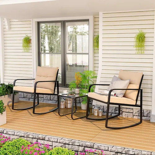 Miniatura 8 de Gizoon, Juego de 3 piezas de sillas mecedoras estilo bistró, muebles de patio de acero negro, juego de sillas para el porche con mesa de café