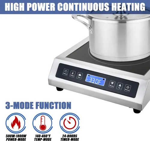 Miniatura 4 de Placa de inducción comercial, quemador eléctrico portátil para encimera con sensor táctil y pantalla LCD (1800 W/120 V), cocina de inducción