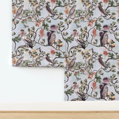 Miniatura 4 de Muestro de papel tapiz removible – Vintage Birds Acuarela Chinoiserie Antiqued of Prey Blue Green Gray Botánico Personalizado Papel pintado