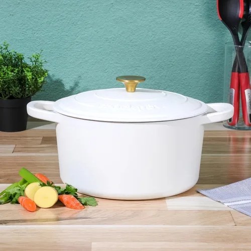 Miniatura 6 de Crock-Pot Artisan - Horno holandés redondo de 7 cuartos de galón, lino blanco mate con perilla dorada, utensilios de cocina de hierro fundido Blanco