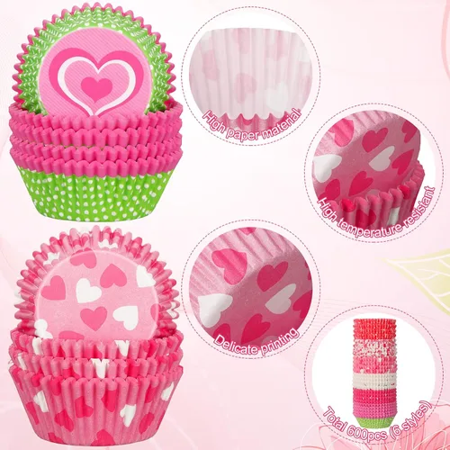 Miniatura 6 de 600 forros para cupcakes para el día de San Valentín, moldes de papel para hornear, papel para manualidades, con patrón de corazón, vasos