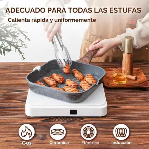 Miniatura 6 de SENSARTE Sartén Parrilla Antiadherente para Estufas, Plancha Versátil con Boquillas de Vertido, Superficie de Cocción Cuadrada Grande, Sartén Gris