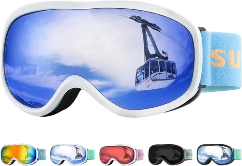 Supertrip Gafas de esquí para niños, gafas de snowboard antivaho para niños y niñas de 5 a 15 años Marco blanco azul (Vlt 28%)