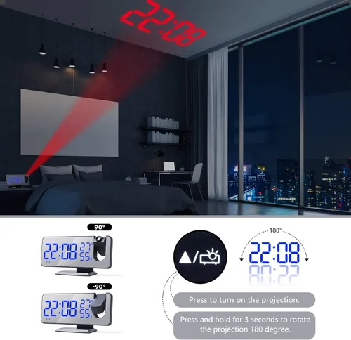 Miniatura 6 de ThreeH Reloj despertador de proyección Radio Digital Reloj despertador 4 atenuadores y 180° giratorio y 2 sonidos 7.4 '' Pantalla de espejo grande