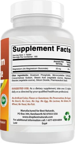 Miniatura 7 de Best Naturals Gluconato de magnesio (35 mg de magnesio elemental de 600 mg de gluconato de magnesio) 180 comprimidos
