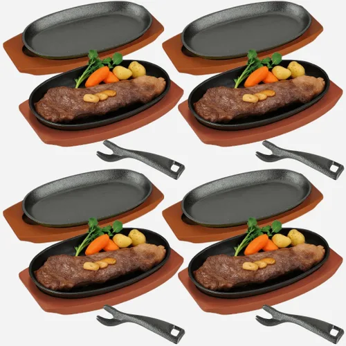 Miniatura 10 de JapanBargain, Juego de 2 platos chisporroteantes de hierro fundido con bases de madera, platos para servir carne y fajita, parrilla pre-sazonada