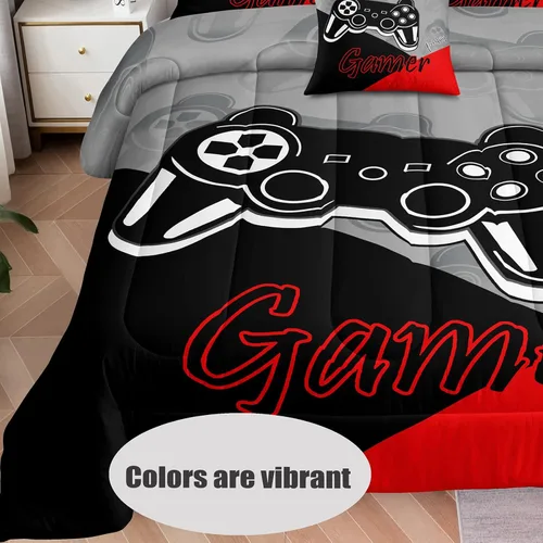 Miniatura 2 de lris Bedding Juego de edredón Queen Gamer para niños, juego de cama de 5 piezas en una bolsa para niños, juego de cama con patrón de consola de A03