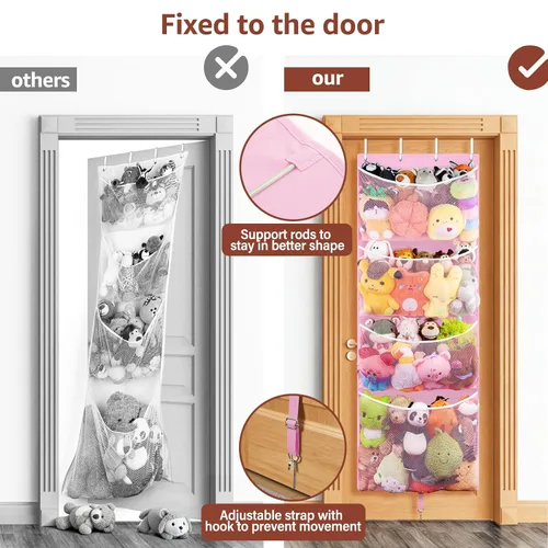 Miniatura 5 de Woodoulogy Almacenamiento Colgante de Animales de Peluche, Organizador Grande de Juguetes de Felpa Sobre la Puerta con Gancho de Metal, Idea de Rosa
