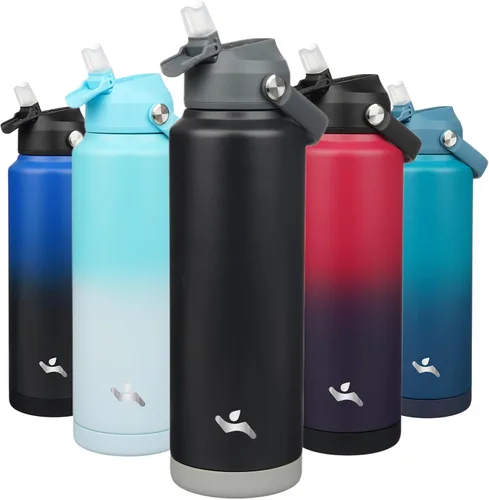 Miniatura 9 de Konokyo Botella de agua aislada con tapa de pajilla, botella de metal al vacío de acero inoxidable de 18 onzas con mango de silicona, color negro