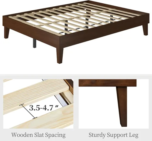 Miniatura 7 de Yaheetech Base de cama Queen con plataforma de madera maciza natural con soporte de listones de madera, espacio debajo de la cama de 7.3 pulgadas