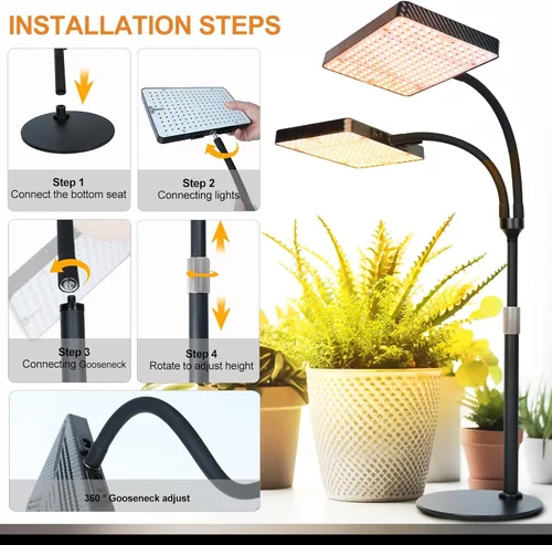 Miniatura 7 de FECiDA Luz de crecimiento de escritorio de 2 cabezales de 50 W, luces de cultivo de mesa para plantas de interior de espectro completo, temporizador
