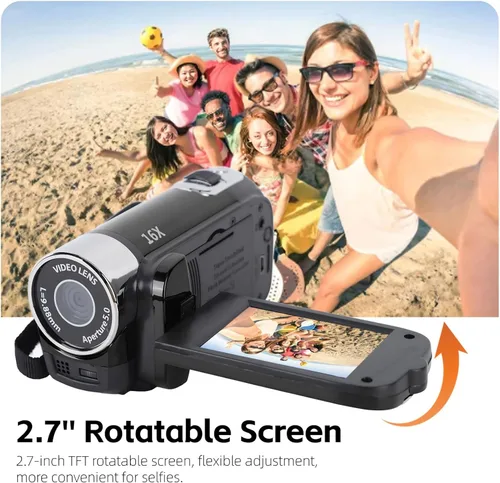 Miniatura 6 de Videocámara, cámara de vídeo digital de 1080P y 16 MP, grabadora para vlogs, pantalla TFT de 2.7" con rotación de 270 grados, zoom digital de 16X