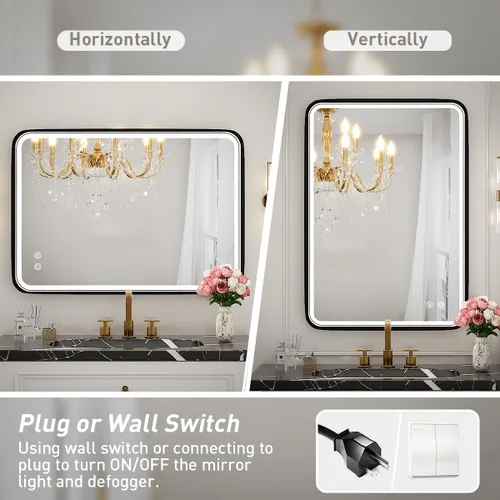 Miniatura 6 de Espejo de baño LED de 20 x 28 pulgadas con luces, marco de metal negro, espejo de tocador iluminado para pared, espejo LED regulable de 3000 K/4500