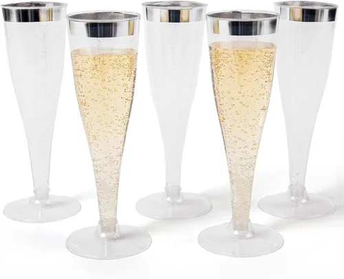 Miniatura 14 de Prestee 48 Copas de Champán de Plástico Desechables con Borde Dorado con Purpurina - Vasos Transparentes para Brindis de Mimosa, Fiesta de Año Nuevo