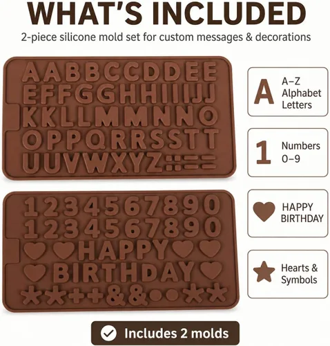 Miniatura 3 de Mini moldes de silicona para letras y números, paquete de 2 moldes de chocolate con letras A-Z, números del 0 a 9 y feliz cumpleaños, pequeños