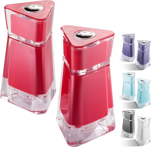 Salero y pimentero rojo acrílico (juego de 2 piezas) | Elegantes dispensadores de sal y pimienta con agujeros de tamaño perfecto para condimentos