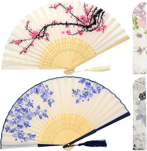 Miniatura 15 de OMyTea Abanicos de mano plegables para mujer, abanicos chinos japoneses de seda de bambú vintage, para sofocos, EDM, festival de música, fiesta
