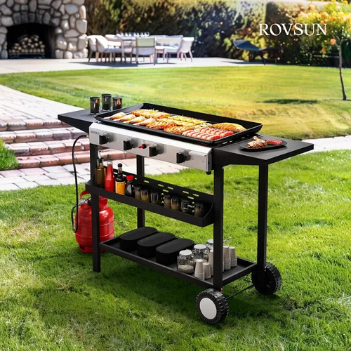 Miniatura 7 de ROVSUN Parrilla de propano portátil de 4 quemadores con encendido electrónico, 40,000 BTU parrilla de gas con bandeja esmaltada antiadherente