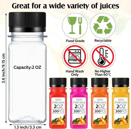 Miniatura 2 de Sliner 200 botellas pequeñas de plástico para jugo de 2 onzas, botella de jugo de jengibre con tapas, recipiente para bebidas transparentes