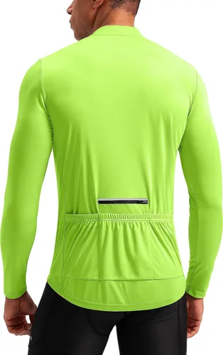 Bikewa Maillot de ciclismo para hombre con 3+1 bolsillos traseros con cremallera, manga larga, absorción de humedad, UPF 50+ media cremallera