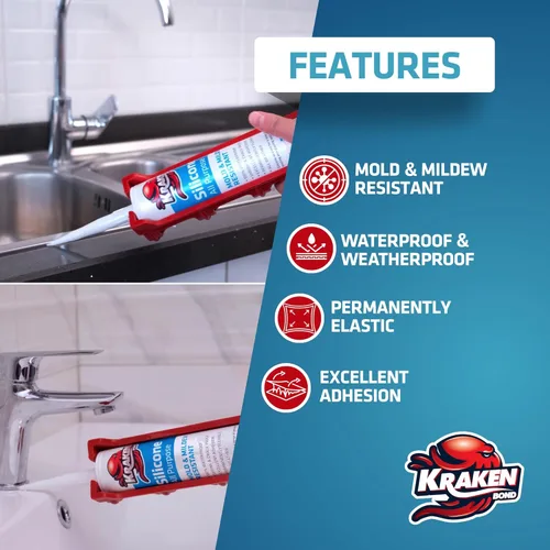Miniatura 3 de Kraken Bond Sellador de silicona gris resistente al agua Cartucho de 100 a 10 onzas líquidas – RTV silicona calafateo para cocina y baño, todo uso