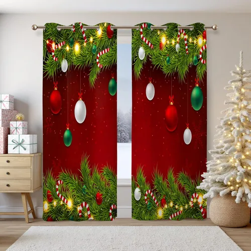 Miniatura 9 de Renaiss Cortinas opacas de Navidad con tablones de madera rústica para dormitorio, con ojales, estampado de copos de nieve navideños, cortinas